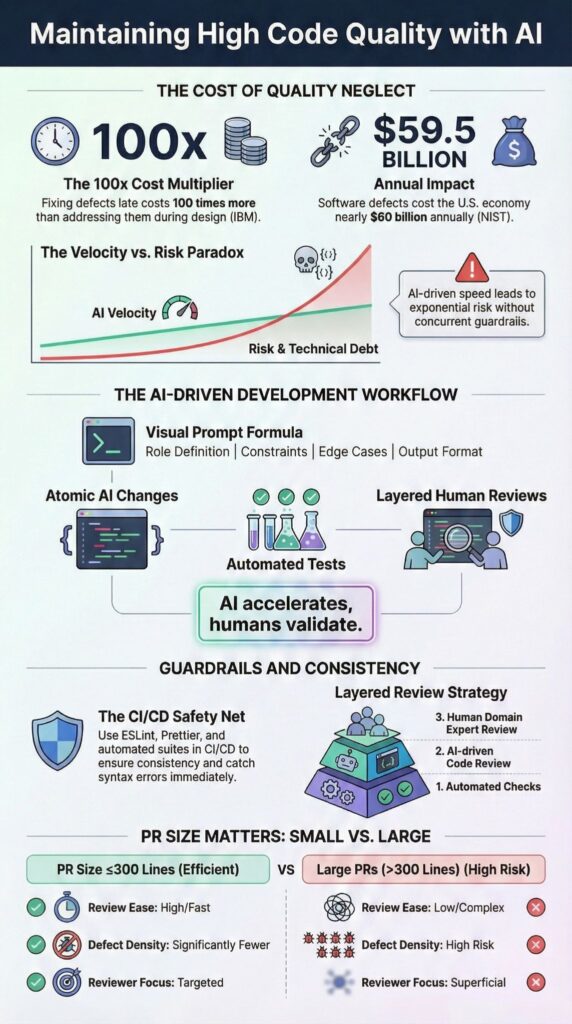 Infographic on how to maintain high code quality with AI showing workflow, guardrails, and layered review strategy