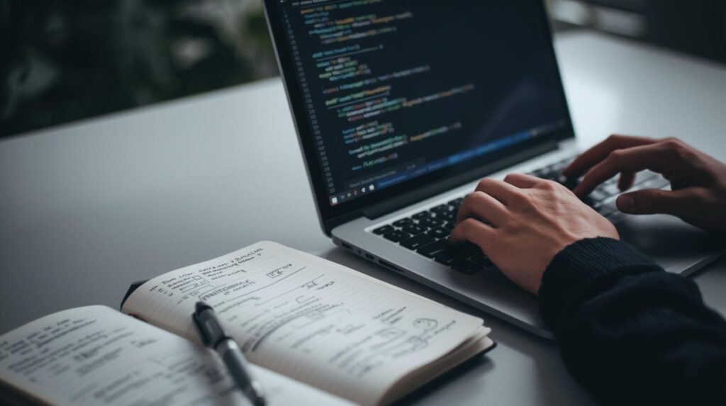 Developer coding on laptop demonstrating using vibe coding for legacy code modernization with reference notebook