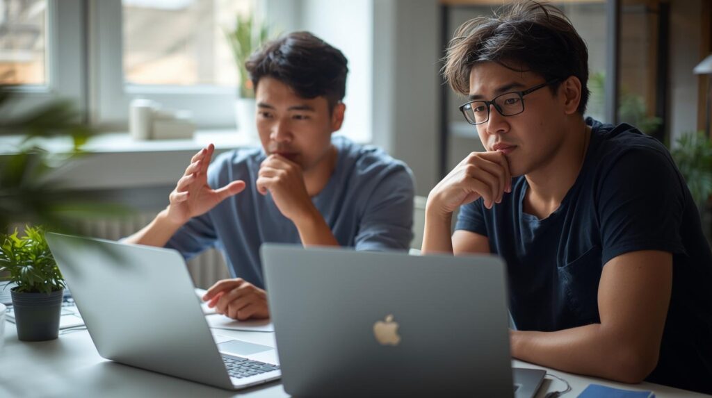 Two developers collaborating on using vibe coding for legacy code modernization with laptops in modern office