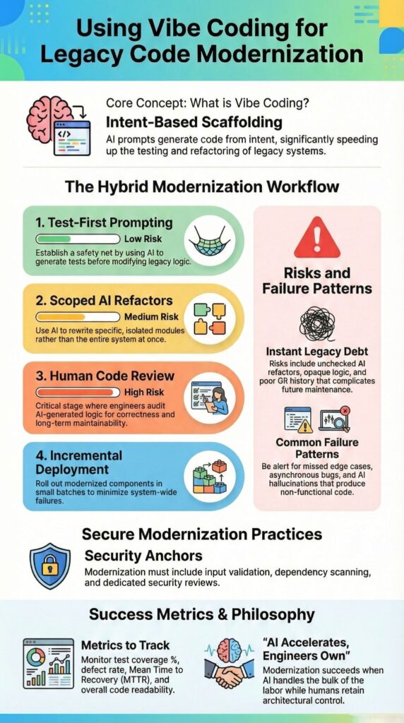 Infographic on using vibe coding for legacy code modernization showing hybrid workflow and security practices