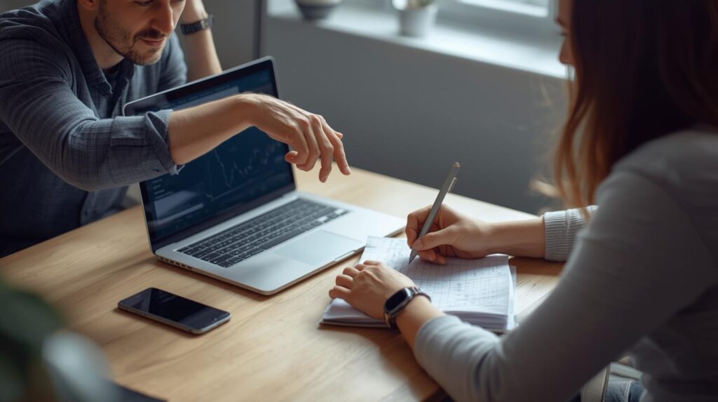 Two professionals collaborating on how to build custom AI coding agents with laptop and technical documentation