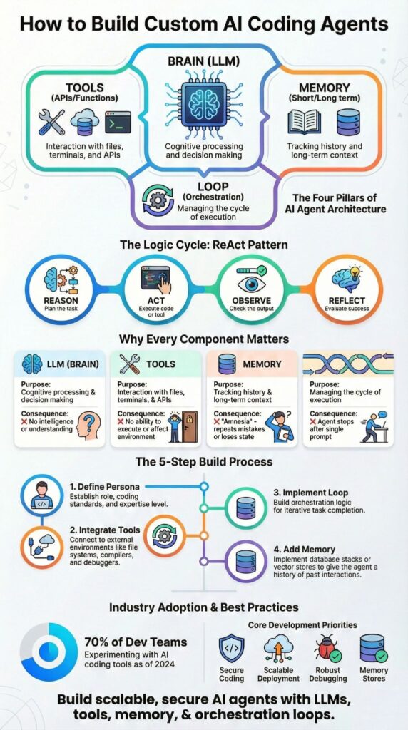 Infographic on how to build custom AI coding agents showing four pillars, ReAct pattern, and 5-step build process