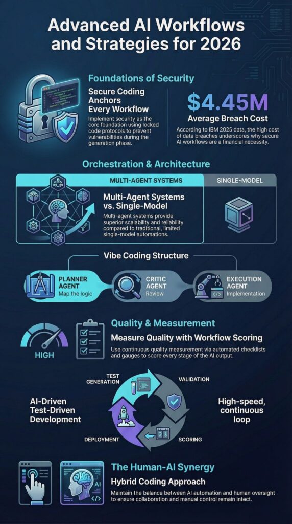 Infographic on Advanced Workflows and Strategies showing AI security, multi-agent systems, and quality measurement