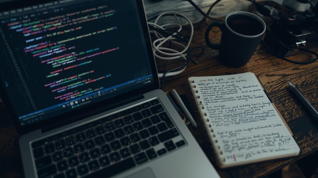Laptop displaying code and notebook with notes on how to manage large-scale projects with vibe coding techniques