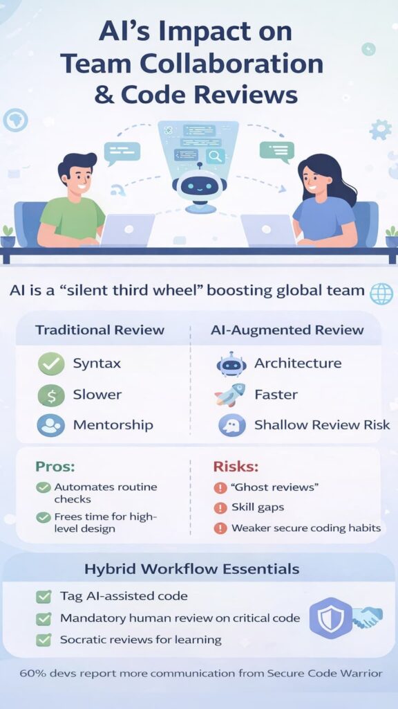 Infographic showing how it impacts team collaboration and code reviews with AI speeding workflows and human oversight