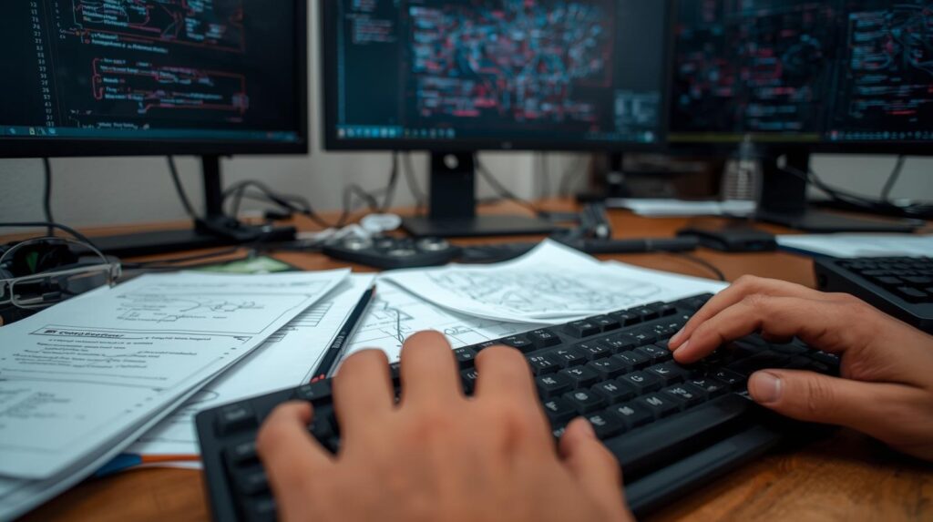 Developer working on using AI for complex software architecture design with multiple monitors and technical documents