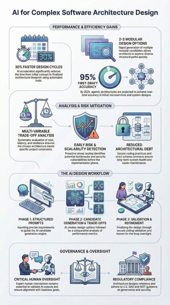 Infographic on using AI for complex software architecture design showing workflow, performance gains, and governance