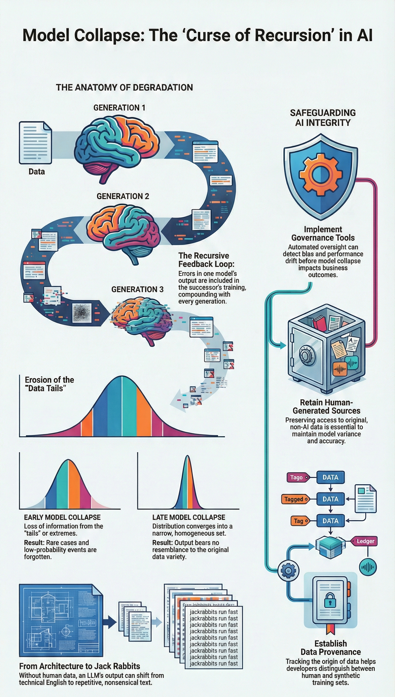 Visualizing the 'Curse of Recursion' in AI: Dangers of model degradation and the need for robust safeguards.