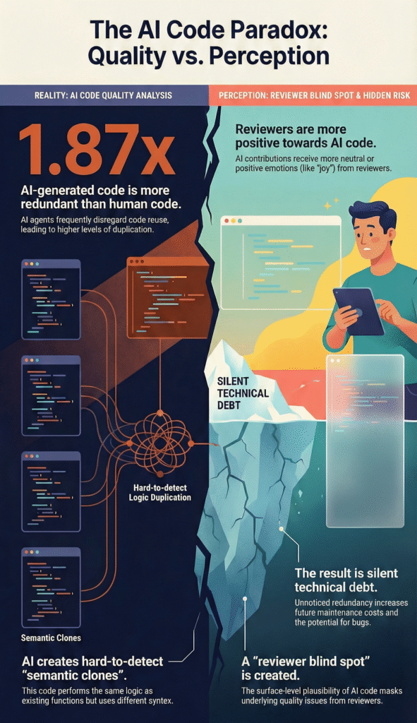 AI code duplication: Analyzing the paradox between AI code quality and reviewer perception of hidden flaws.