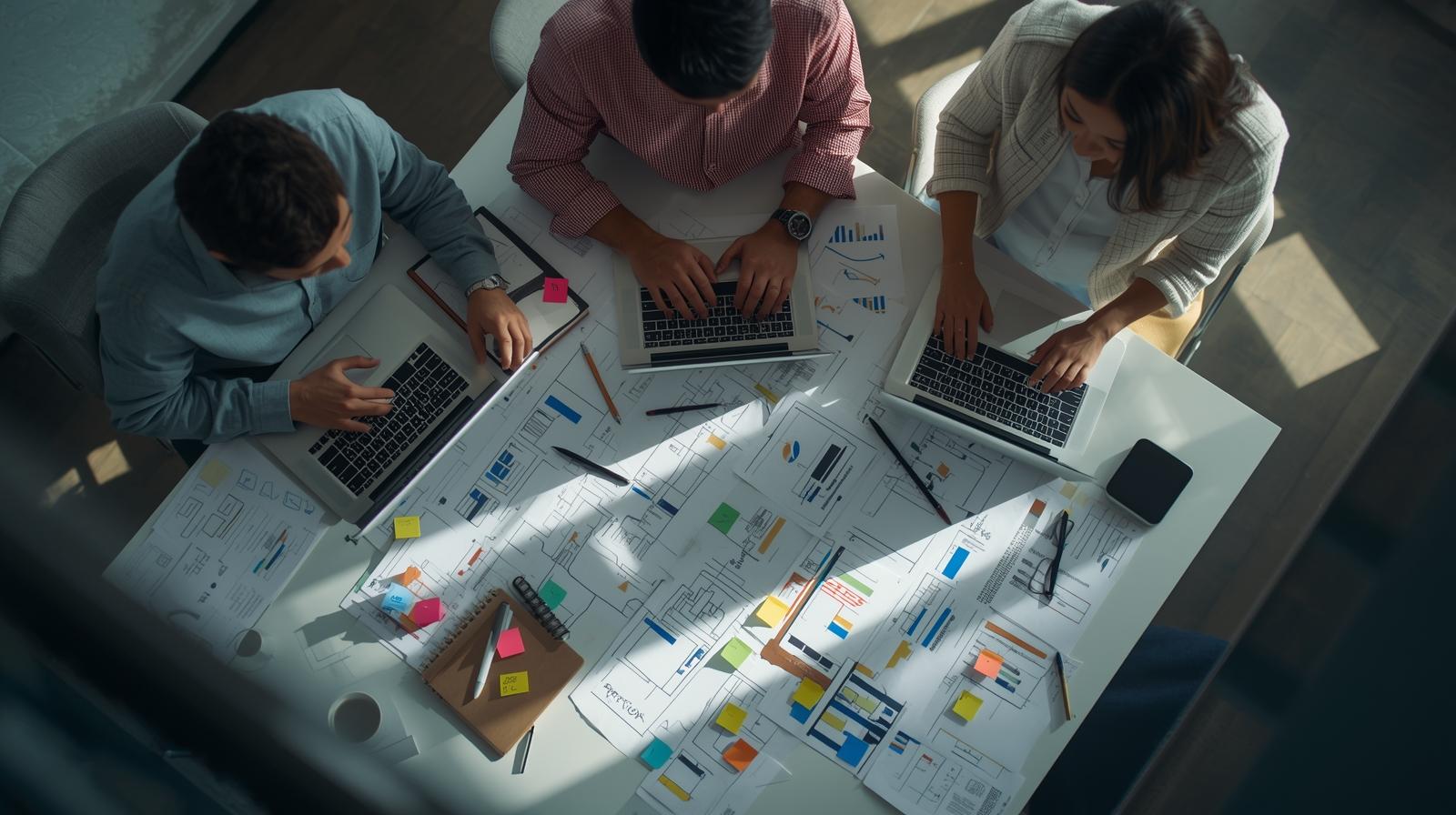 Team collaborating on using AI for complex software architecture design with laptops and architectural blueprints