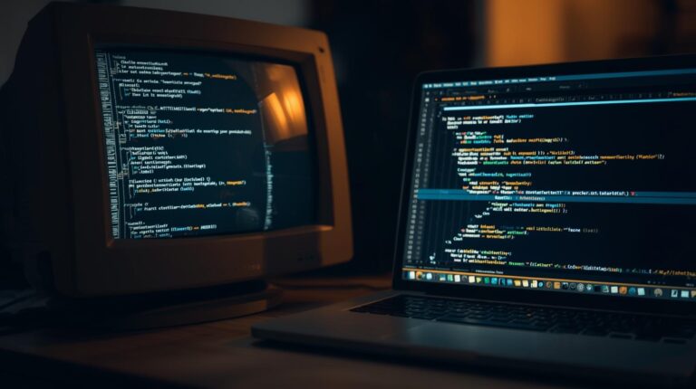 Dual monitors displaying code for using vibe coding for legacy code modernization in development environment