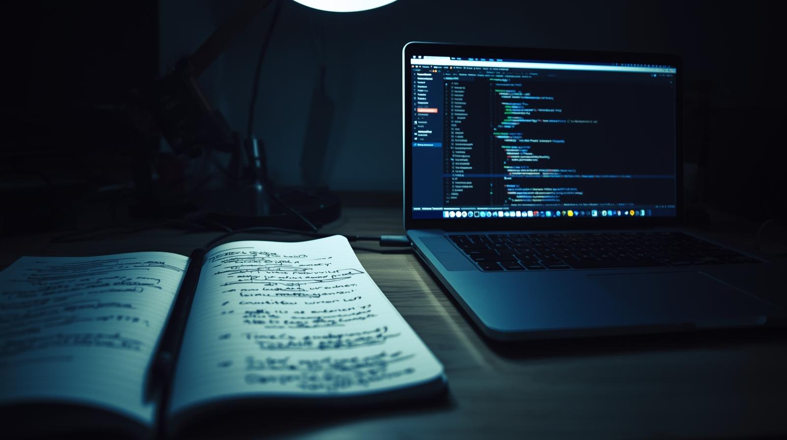 Laptop displaying code and notebook with notes on what are advanced AI refinement techniques for model improvement