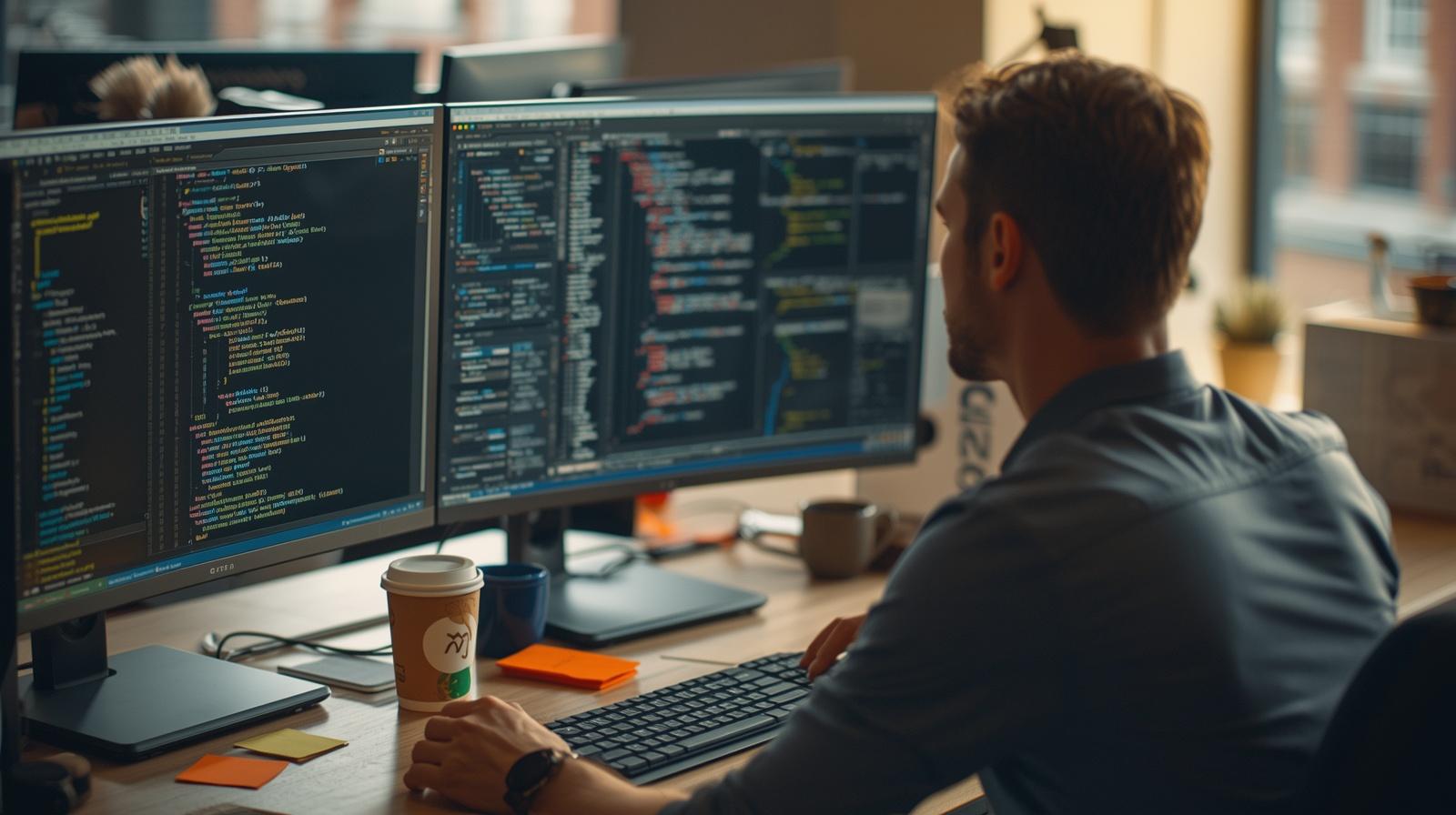 A developer reviewing syntax-highlighted code across dual monitors to comply with EU Cyber Resilience Act for Secure Coding Practices