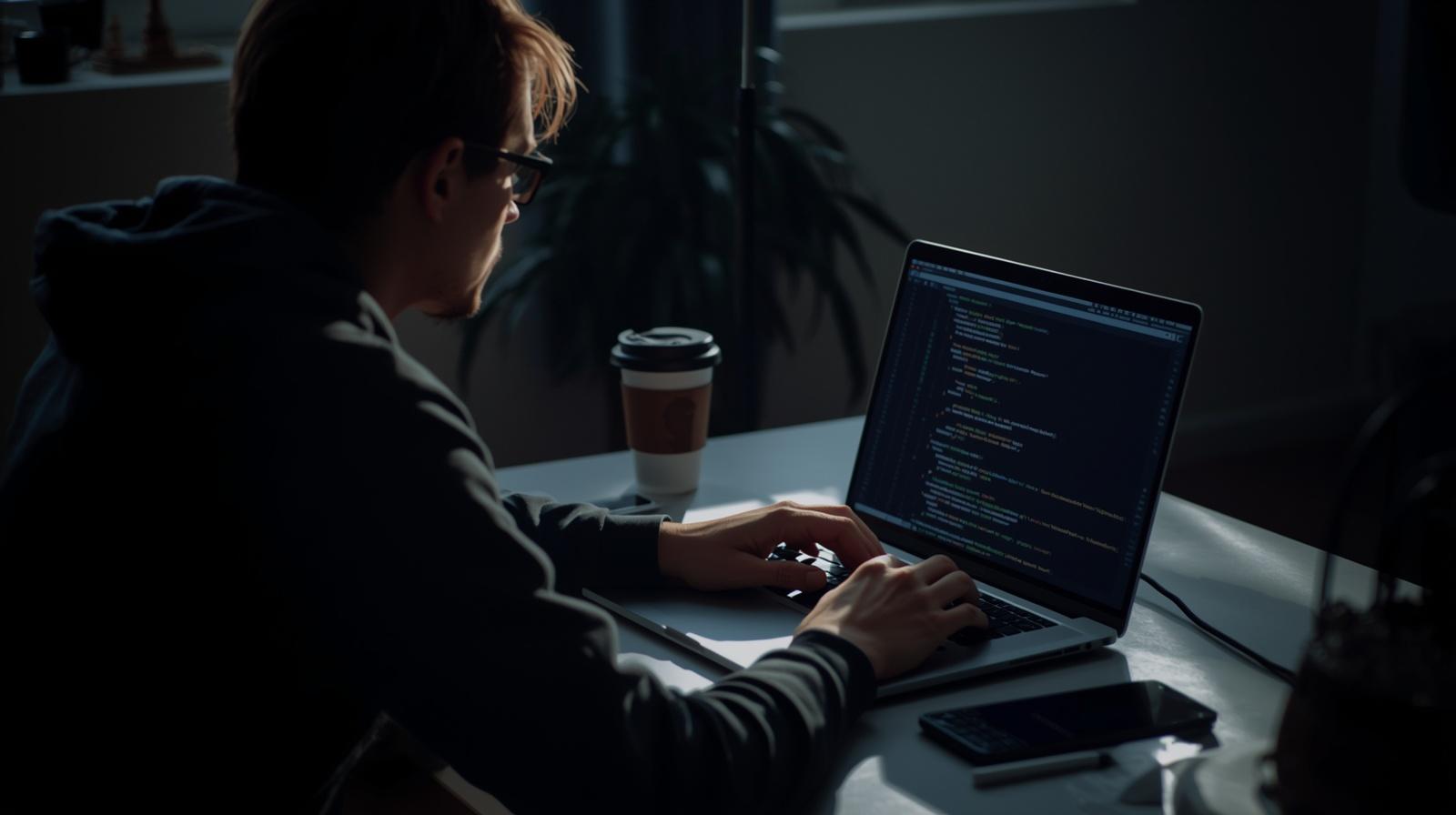 Programmer coding on a laptop with coffee cup representing The Future of AI-Assisted Development in a dark setting