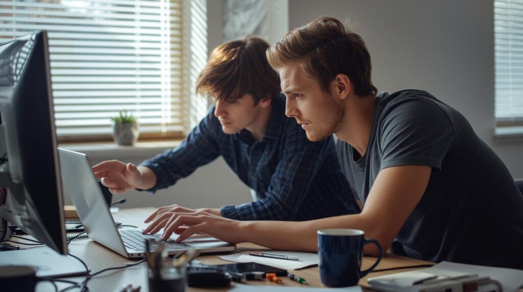 Two developers collaborating at a laptop to determine what is the best workflow for AI-driven TDD