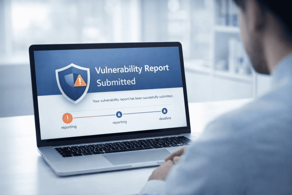 Laptop screen displaying a "Vulnerability Report Submitted" message, highlighting the importance of cybersecurity assessments under the EU Cyber Resilience Act.