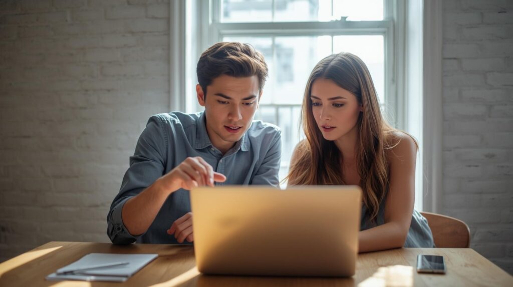 Two developers collaborating on a laptop discussing The Future of AI-Assisted Development in a bright workspace