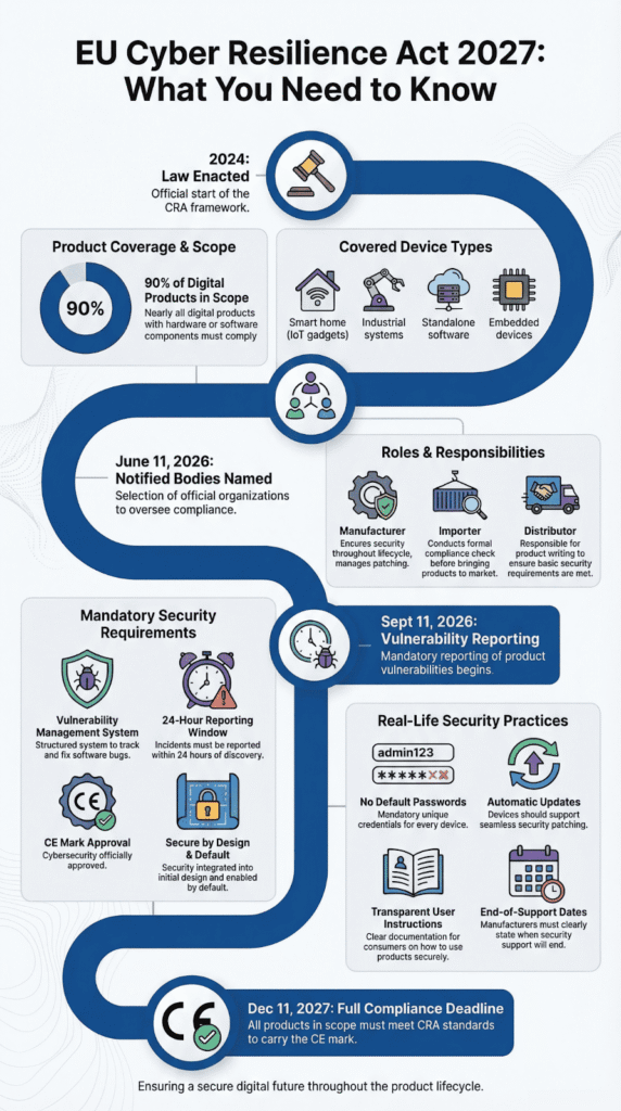 An informative image highlighting the framework, timeline, and necessary steps for achieving cybersecurity compliance.