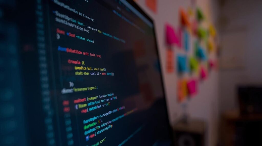 Colorful code on a dark monitor next to sticky notes while exploring what is the best workflow for AI-driven TDD