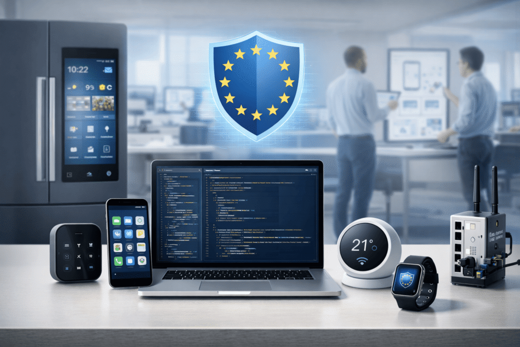 Devices, dashboards, and infrastructure highlighting the focus on cybersecurity.