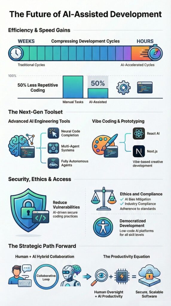 Infographic outlining The Future of AI-Assisted Development with efficiency gains toolset and security ethics