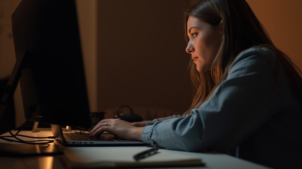 Female developer coding at night on a laptop pondering what is the future of conversational programming