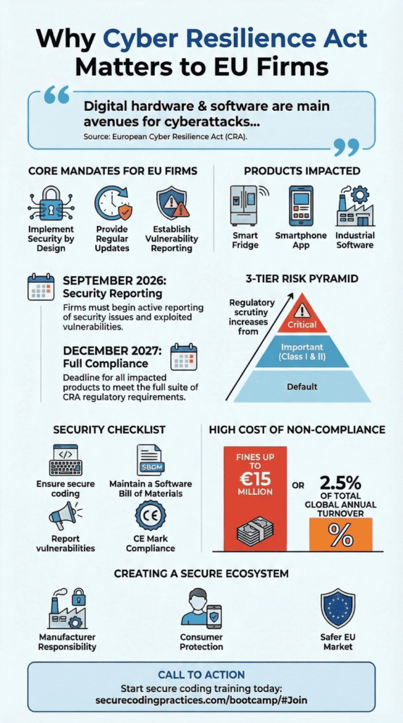An informative infographic highlighting the importance of cybersecurity compliance for EU firms, including mandatory requirements and the risks of non-compliance.