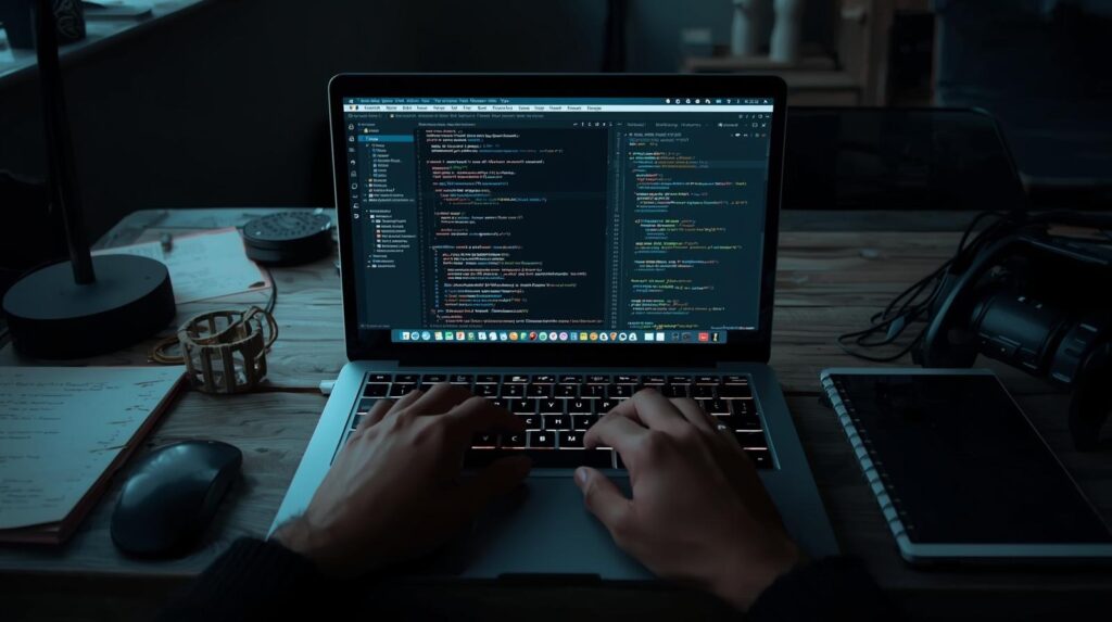 Hands typing code on a laptop in a dark workspace exploring what is the future of conversational programming