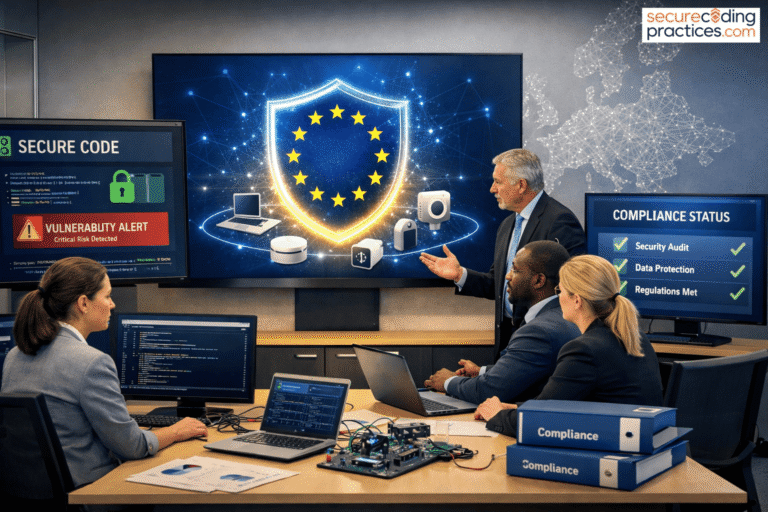 A team of professionals collaborating to ensure compliance and security measures across digital products and systems.