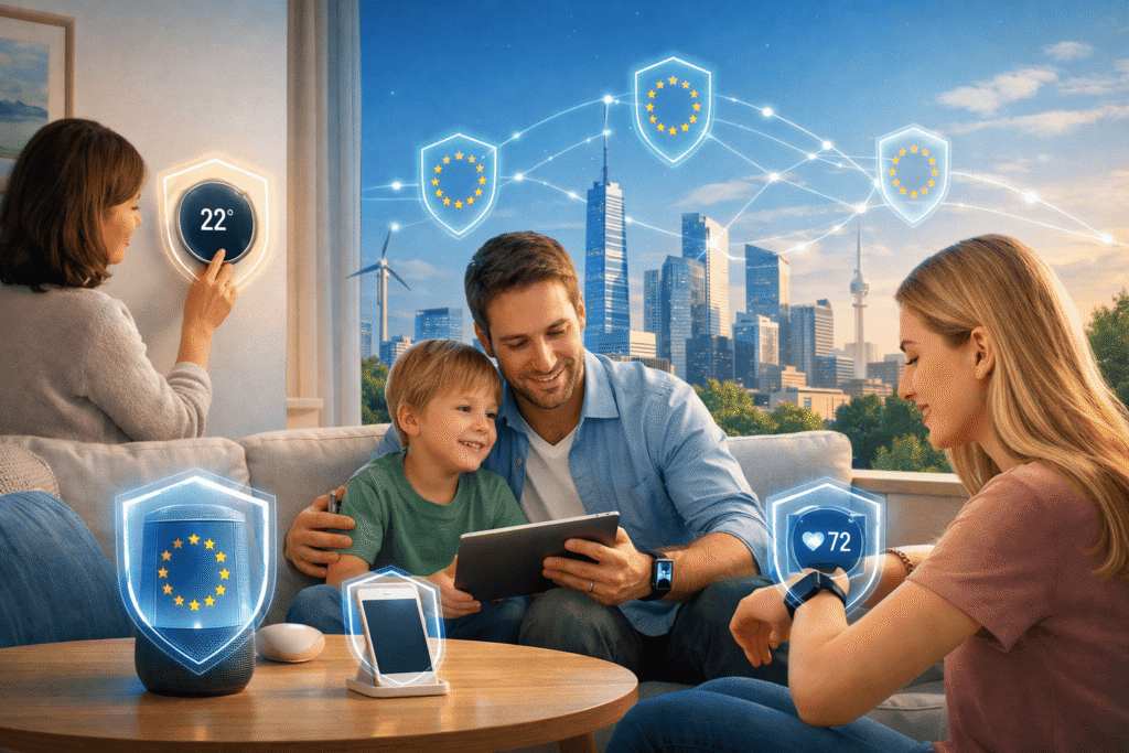 An image showcasing the integration of cybersecurity measures in a family's daily digital life, in line with the Cyber Resilience Act.
