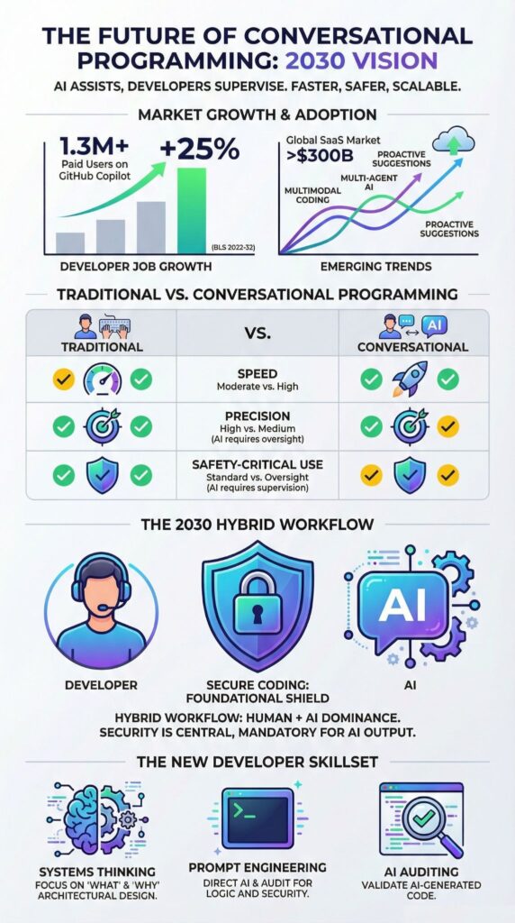 Infographic presenting what is the future of conversational programming with a 2030 vision and hybrid workflow