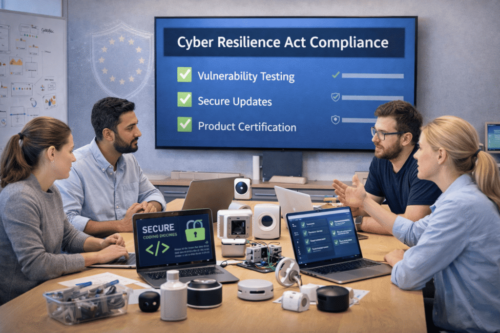 A team of professionals collaborating to ensure compliance through vulnerability testing, secure updates, and product certification.