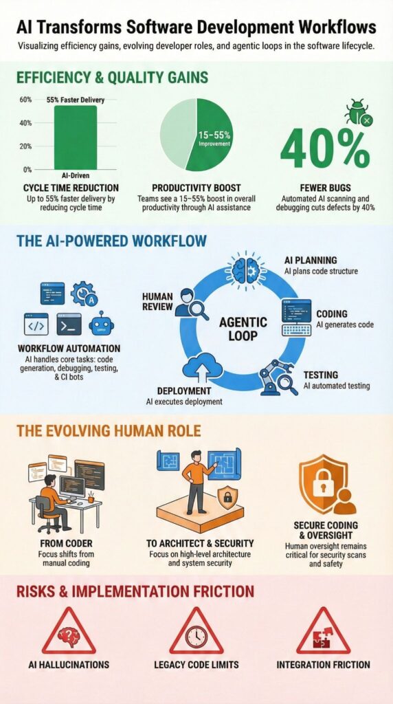 Infographic visualizing how will AI change software development workflows with efficiency gains and agentic loops