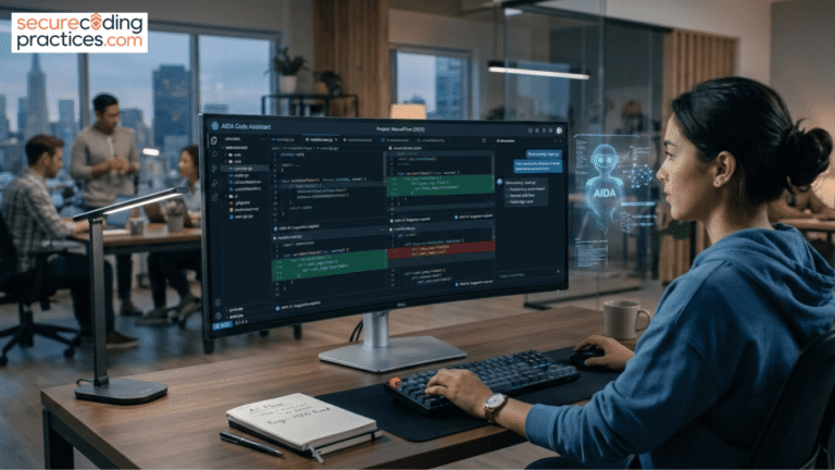 What are the next-generation AI coding tools: a developer using an AI code assistant with a holographic robot interface