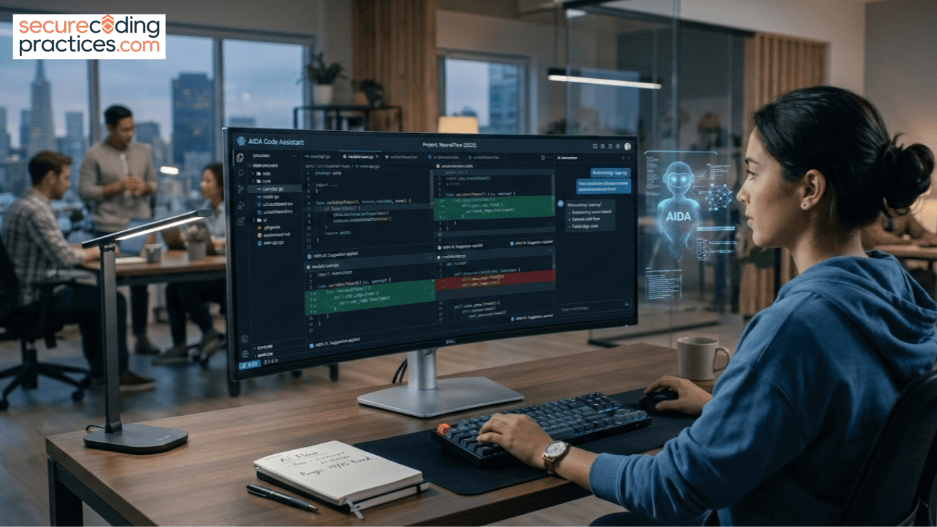 What are the next-generation AI coding tools: a developer using an AI code assistant with a holographic robot interface