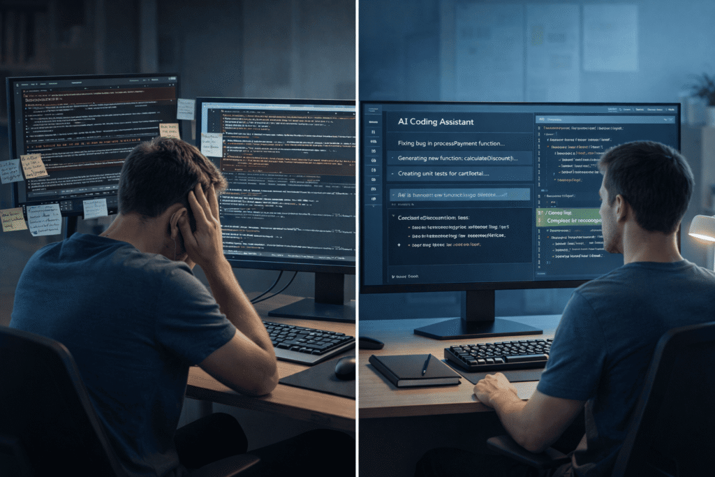 What are the next-generation AI coding tools: split scene of a frustrated coder vs. developer using an AI coding assistant
