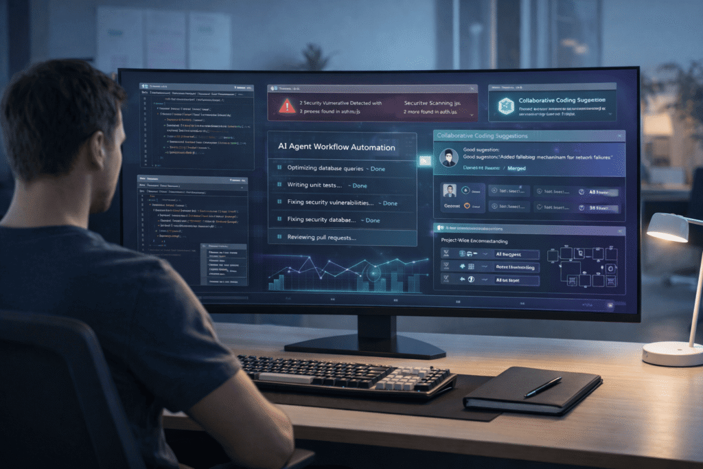 What are the next-generation AI coding tools: AI agent workflow dashboard showing security scanning and collaborative coding
