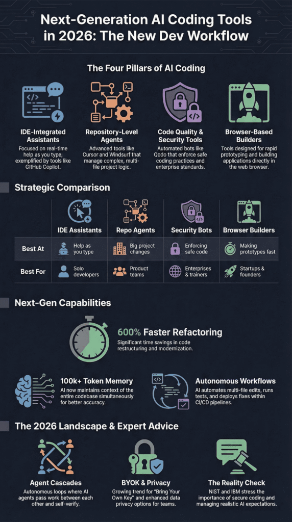 What are the next-generation AI coding tools: infographic showing four pillars, capabilities, and 2026 landscape overview
