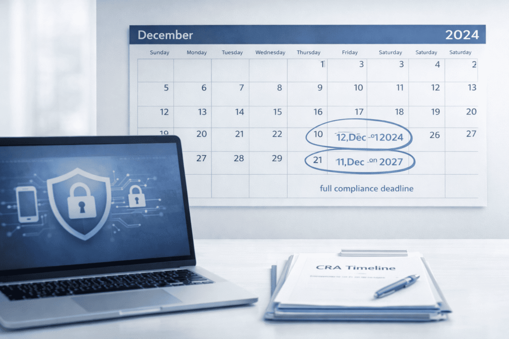 Laptop displaying cybersecurity icons alongside a calendar highlighting the EU Cyber Resilience Act's compliance deadlines, underscoring the regulation's impact on organizations.