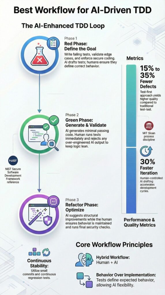 Infographic explaining what is the best workflow for AI-driven TDD using a three-phase enhanced loop