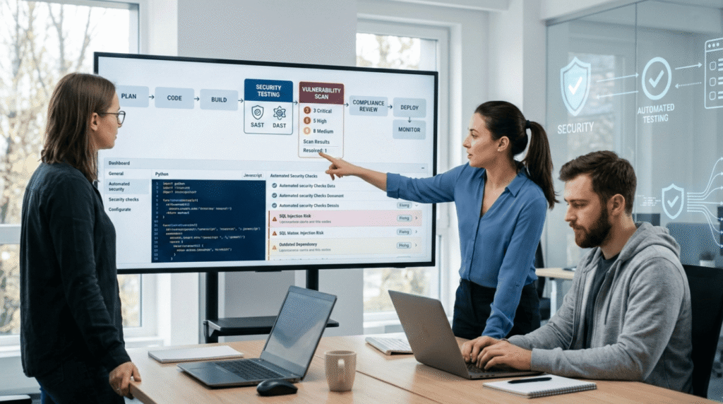 Dev team analyzing cyber resilience act software impact through a security testing and vulnerability scan pipeline on screen.