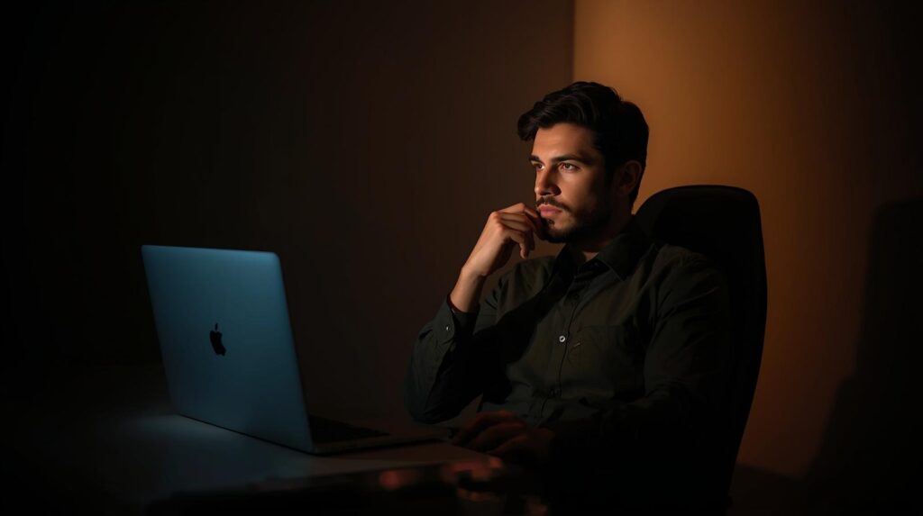 Thoughtful male developer sitting at a laptop in the dark pondering will all code be AI-generated in the future