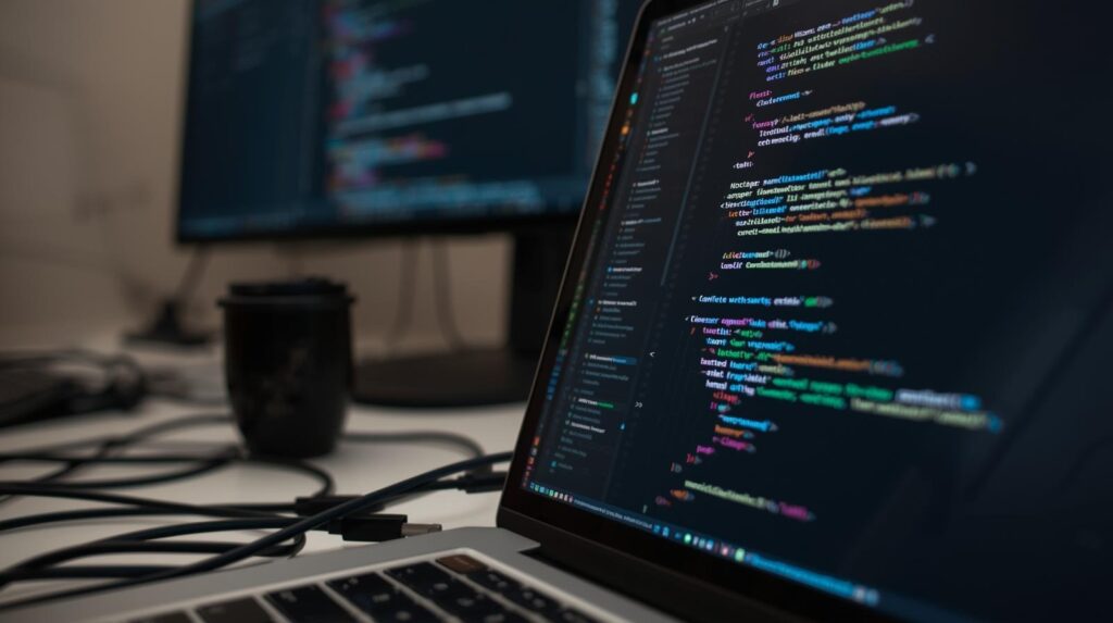 Colorful code on a laptop screen in a dark workspace raising the question will all code be AI-generated in the future