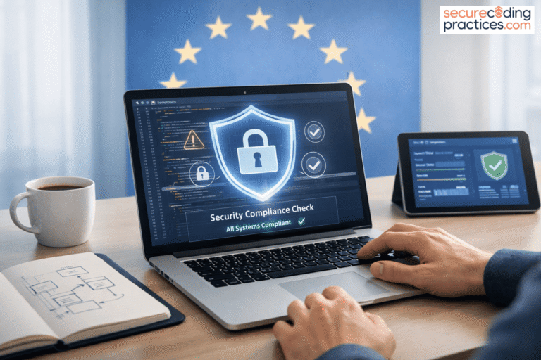 Developer performing security compliance check showing cyber resilience act software impact with EU flag in background.