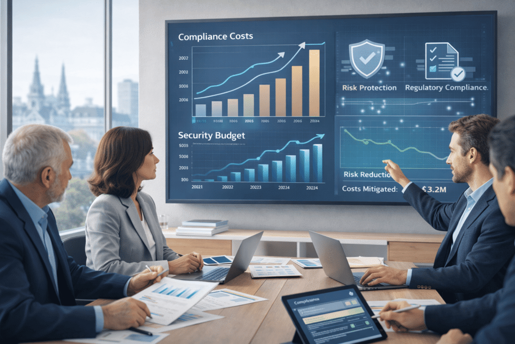 Team reviewing cyber resilience act software impact through compliance costs and security budget charts in a boardroom meeting.