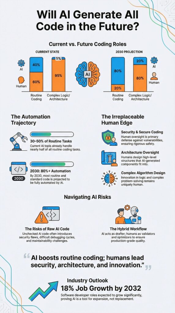 Infographic exploring will all code be AI-generated in the future with 2030 projections and human roles