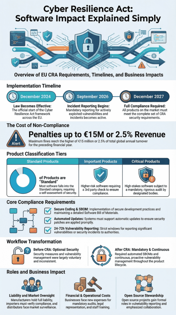 Infographic explaining cyber resilience act software impact with EU CRA requirements, timelines, and compliance penalties.