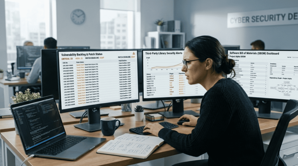 Developer monitoring cyber resilience act overview developers manage via vulnerability backlog, library alerts, and SBOM dashboards.