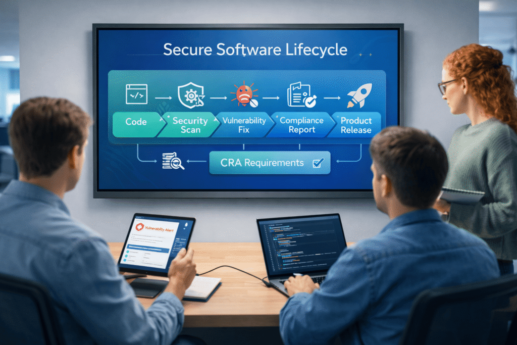 Dev team reviewing cyber resilience act overview, developers follow through a secure software lifecycle and CRA requirements diagram.