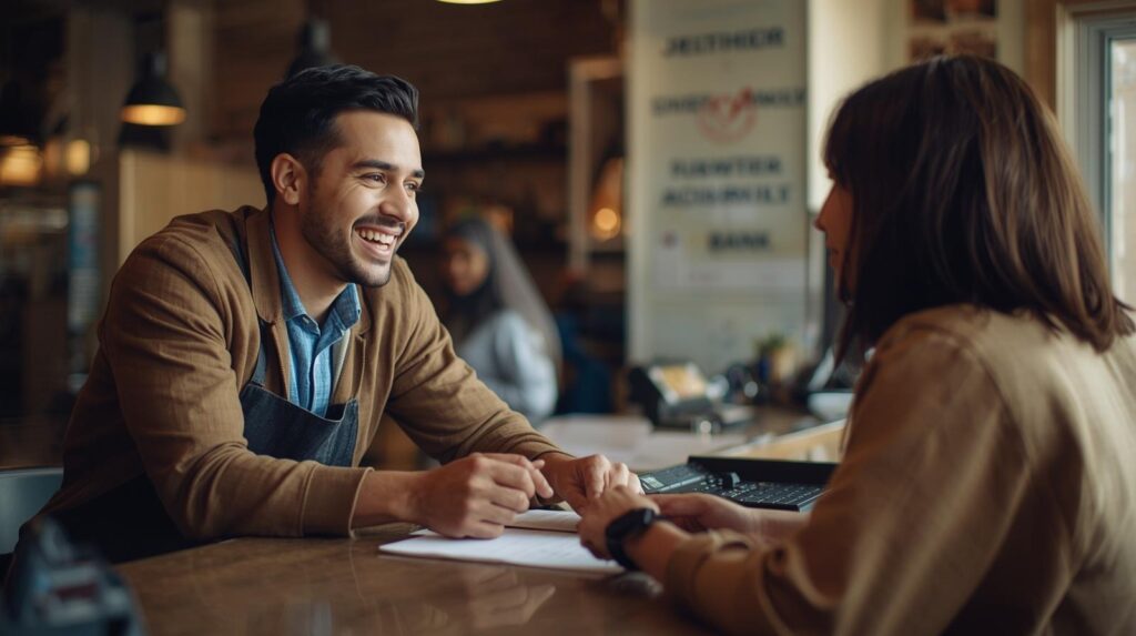 A smiling small business owner discussing a loan application at a bank branch reflecting CRA Overview & Purpose in action